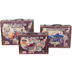 Signes Grimalt By SIGRIS - Cajas Moto Route 66 3 Unidades Rojo de Mdf Forrado De Tela-Pintada | Caja Maleta Decoracion Maleta Vi