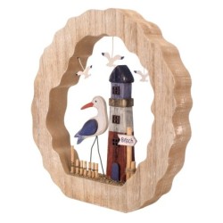 Signes Grimalt By SIGRIS - Adorno Faro y Gaviota Marrón de Madera | Figura Marinera Aplique Pared Adornos Náuticos 28x4x28cm