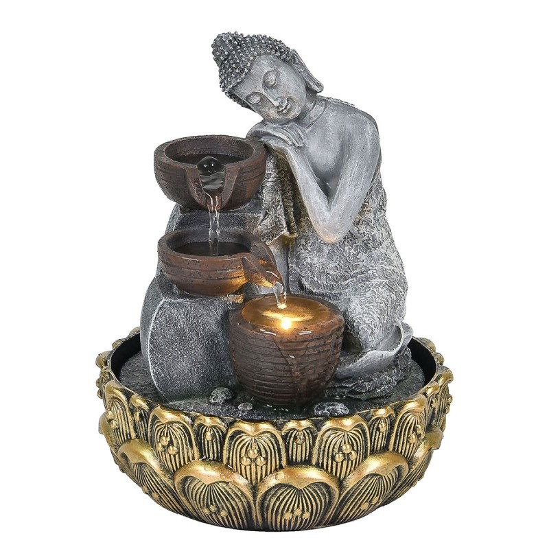 Signes Grimalt By SIGRIS - Fuente buda con luz Gris de Resina | Fuente Budas De La Suerte Buda Suerte 26x20x20cm