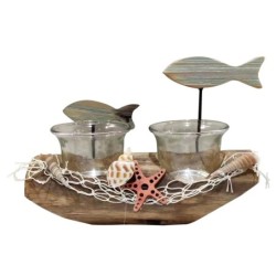 ORIGEN Home Decor - Barca portavelas con peces  Figuras | Marinero Gris - 12x7x18 cm