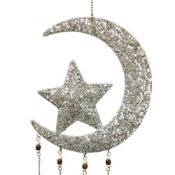 ORIGEN Home Decor Adorno Movil Luna y Estrella Colgantes Metal | Colgante de metal Plateado - 32x10x2cm