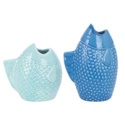 ORIGEN Home Decor Jarron Pez 2U Bandejas Azul - 20x13x8cm, Ceramica Decorativa