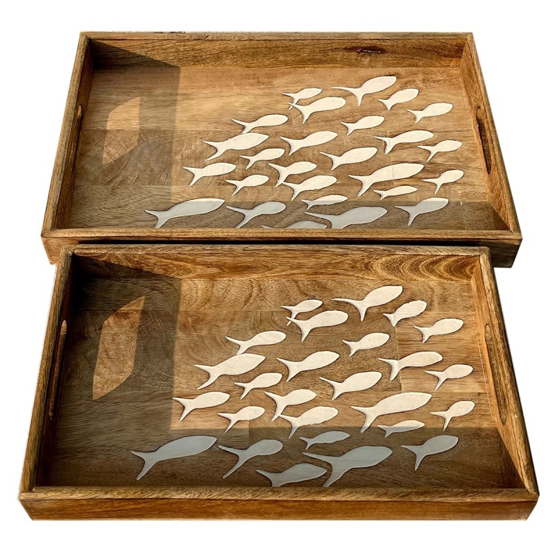 ORIGEN Home Decor Bandeja Peces 2U Cajas Y Bandejas | Bandeja de Decoración Marrón Rectangular - 5x38x23cm