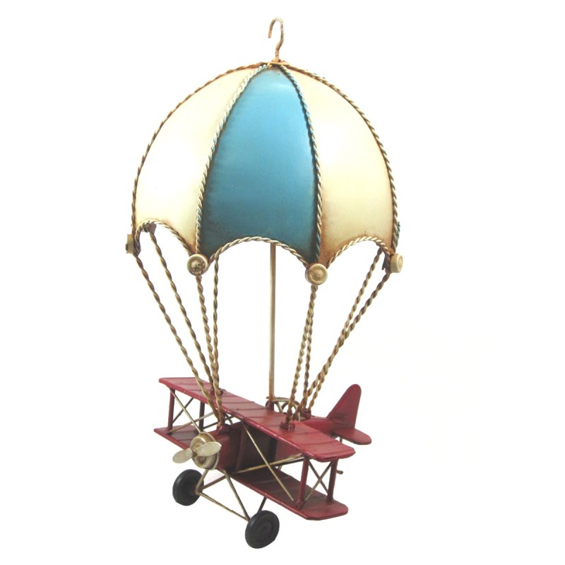 ORIGEN Home Decor Avion Paracaidas Vintage | Figura Decorativa Metal Azul 31x18x17cm