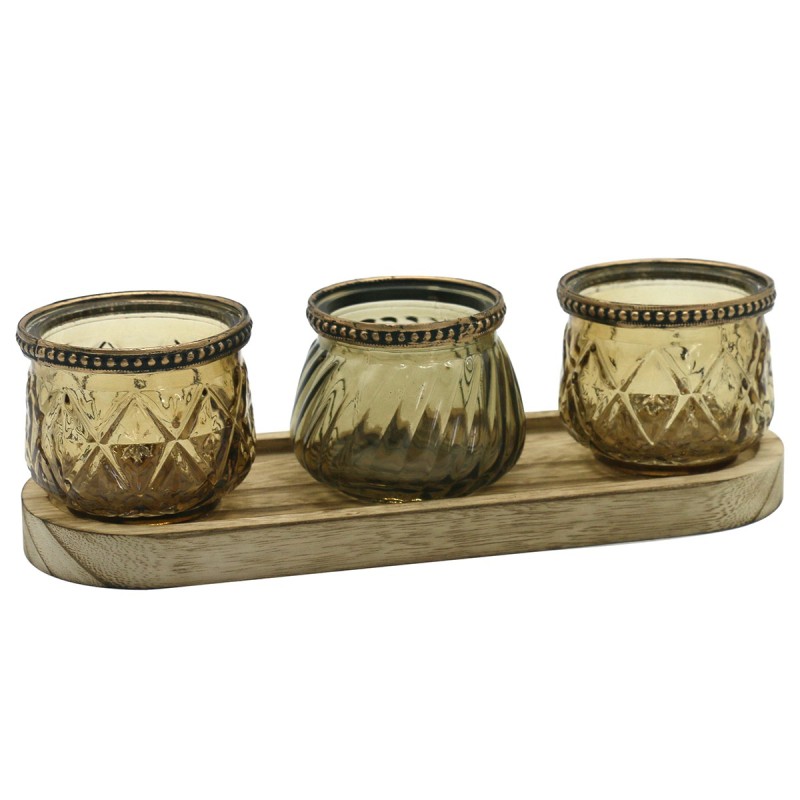 ORIGEN Home Decor Bandeja Portavelas 3U Jarrones Y Portavelas Marrón - 8x26x9cm