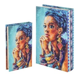 By SIGRIS Cajas de libro Azul de MDF Forrado de Tela-Pintada 26*5*17cm Set de 2 Unidades Caja libro Set 2 U