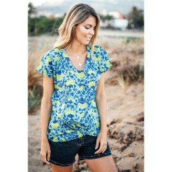 Isla Bonita - Camiseta de Manga Corta Mujer | Camiseta de Flores Mujer, Color Azul y Verde, Algodón 100%