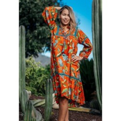 Isla Bonita - Vestido Midi de Flores | Vestido de Verano Mujer - Color Naranja, Amarillo y Azul