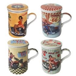 By SIGRIS Mug Route 66 4 Unidades Multicolor de Porcelana 11*8*11cm Set de 4 Unidades Mug Vaso