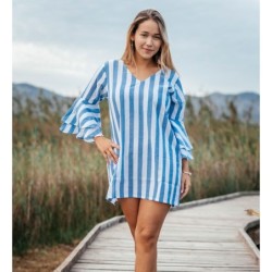 Isla Bonita - Vestido Corto Verano | Vestido Mujer Estampado con Rayas - Color Azul y Blanco